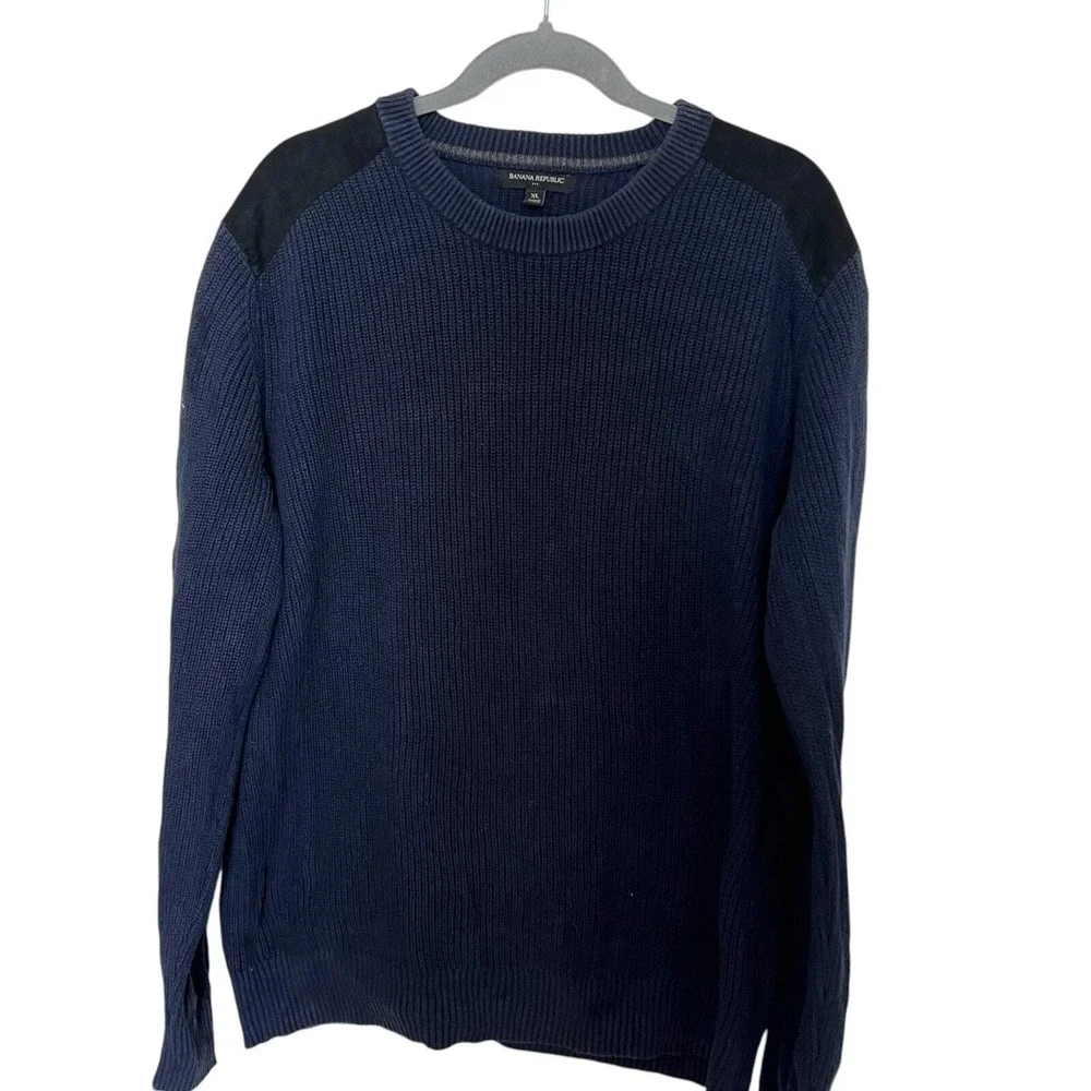 Banana Republic Mens XL Navy Blue Ribbed Cotton Sweater Suede Shoulder Patch